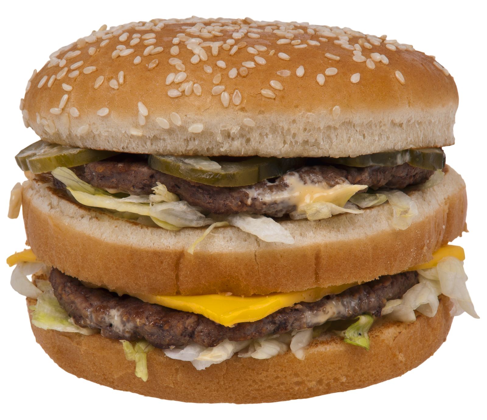A Big Mac hamburger with three sesame bun layers